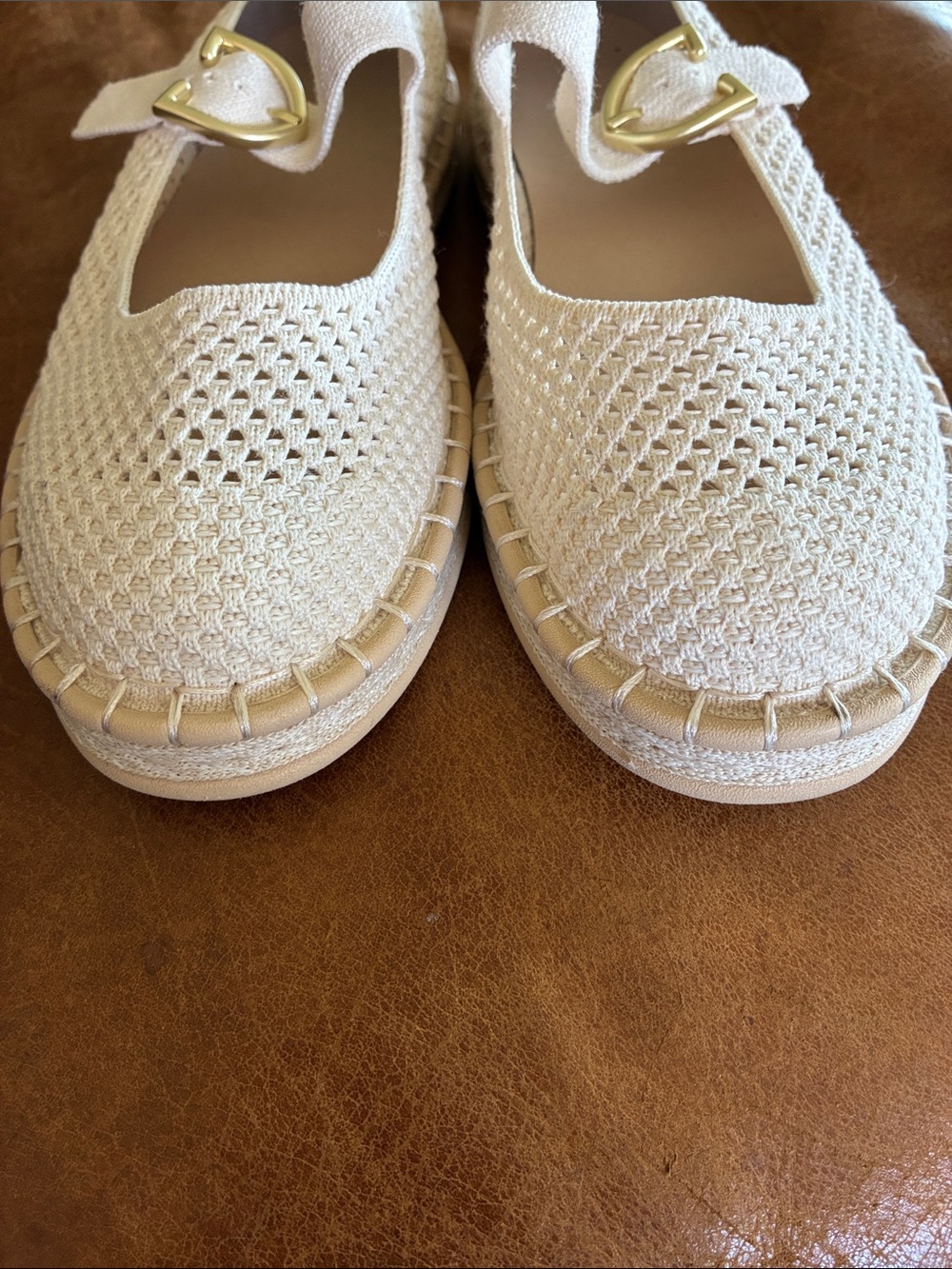 Rothy's Cream Knit Mary Jane Espadrille Flats with Gold Buckle - Picture 2 of 8